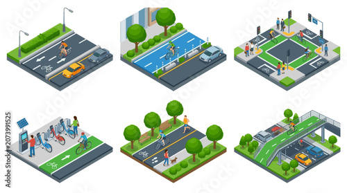 Bike Lanes and Cycling Infrastructure Isometric Vector Set