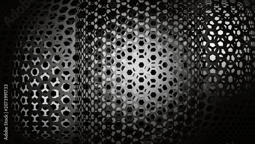 Abstract monochrome 3D hexagonal mesh background with light distortion.