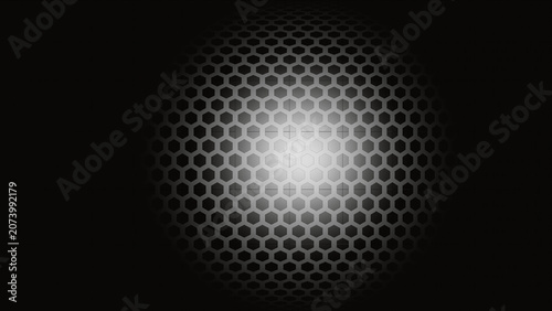 Abstract monochrome 3D hexagonal mesh background with light distortion.