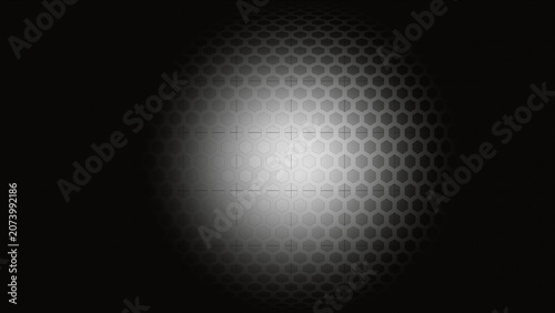 Abstract monochrome 3D hexagonal mesh background with light distortion.