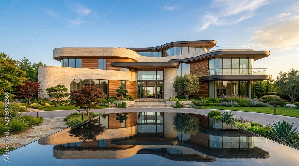 Fototapeta premium Opulent Modern Mansion with Curved Architecture and Reflecting Pool at Sunset house home