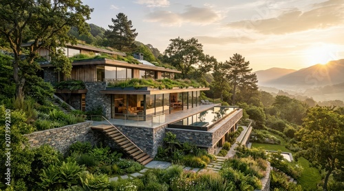 Modern luxury house with infinity pool nestled in lush green hillside at sunset modern house luxury home