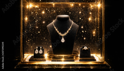 Glowing golden sparks on a luxury display, magical light aura of golden dust sparks