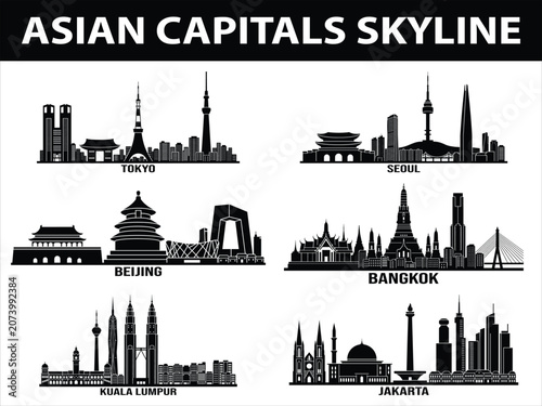 Asian capitals skyline set with Tokyo Seoul Beijing Bangkok Kuala Lumpur Jakarta