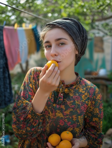Summer Portrait of Woman Holding Orange Slice with Fresh Citrus Fruits