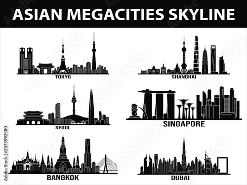 Set of Asian city skylines