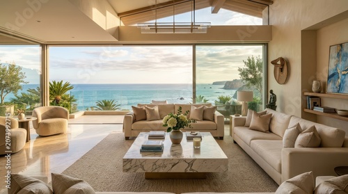 Luxurious modern living room with ocean view and large windows luxury interior