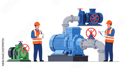 Quadro su tela Workers inspect industrial vector design with valves and pumps in an illustratio