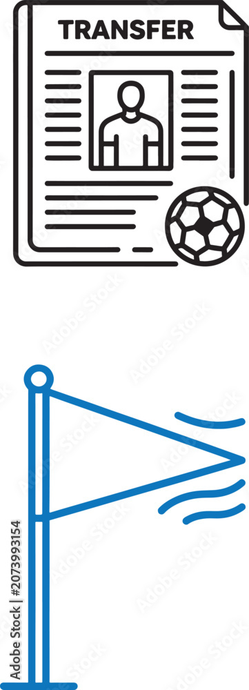 Fototapeta premium Soccer player transfer document and corner flag vector icons set for football sports design