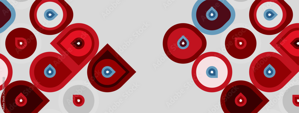 Naklejka premium Abstract pattern features red, blue circles, droplet shapes. Background is light gray, creating modern visual texture.
