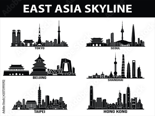 East Asian city skylines set with Tokyo Seoul Beijing Shanghai Taipei Hong Kong