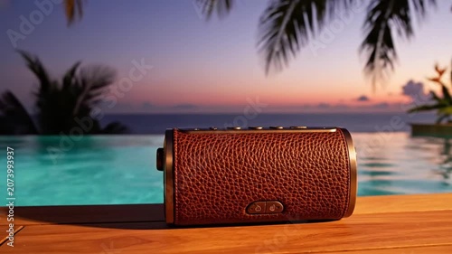 Bluetooth speaker rests on a wooden deck beside an infinity pool during a vibrant tropical sunset.