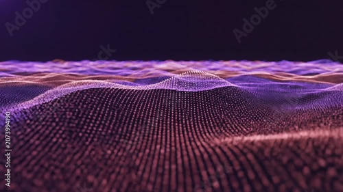 Abstract wave form consists of illuminated particles and glowing digital filaments against a dark background.