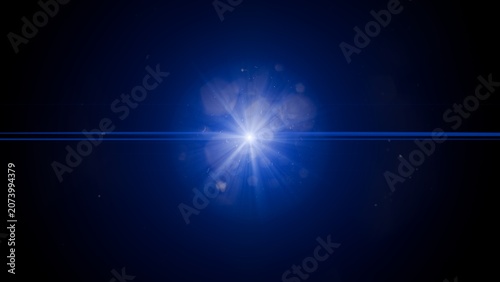 3D render of bright white light burst with intense blue rays and lens flare effect on dark blue background, dynamic abstract design element for illumination, energy, and digital visualization projects