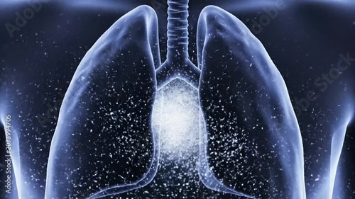 Lungs silhouette rendered in blue light features floating particles representing respiratory system health.