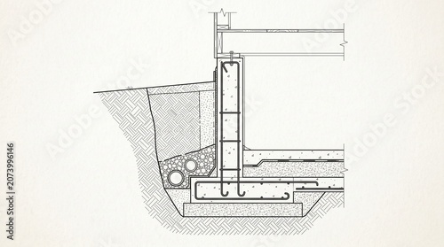 An architectural illustration depicts a detailed cross-section of a mechanical device or industrial component.