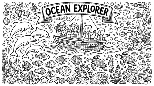 Cuadro en lienzo Ocean Explorer Doodle Scene Featuring Divers, Coral Reefs, and Underwater Life