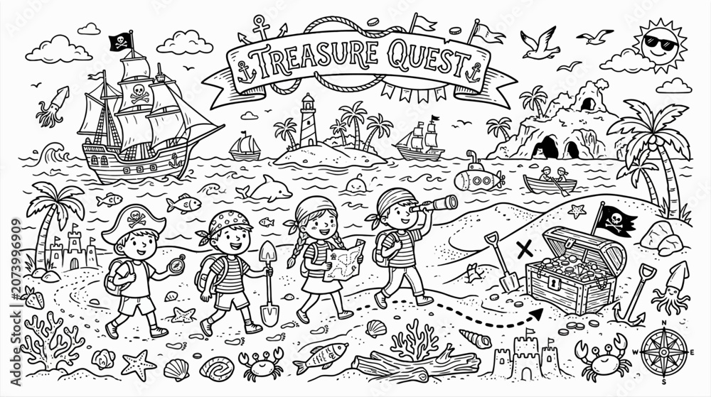 Fototapeta premium Playful treasure hunt on a sunny beach with pirates, ship, and island adventure doodles.