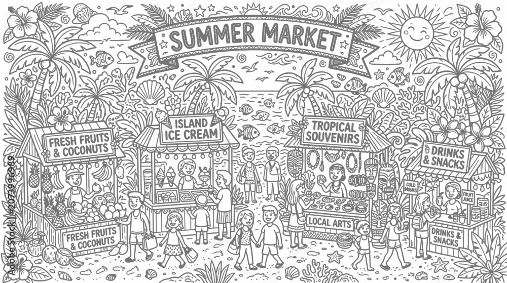 Fototapeta premium Busy summer market scene with stalls, people, and doodle style illustration.