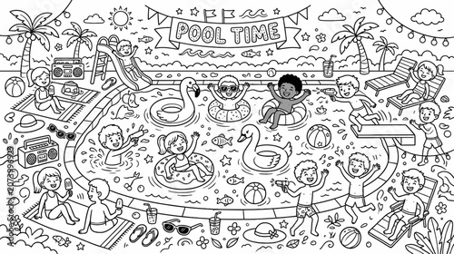 Foto Doodle illustration of a lively pool party with friends swimming, playing, and sunbathing by the waterside