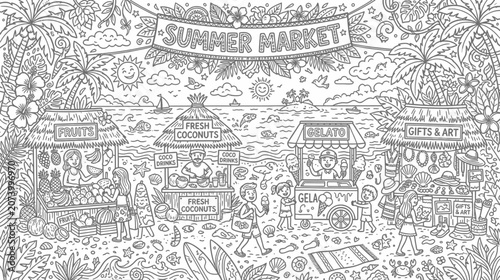 Tablou pe pânză Lively outdoor summer market scene with vendors, shoppers and stalls in a busy urban street
