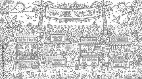Tableau sur toile Lively outdoor market street scene with stalls, vendors and shoppers under banners at a summer festival