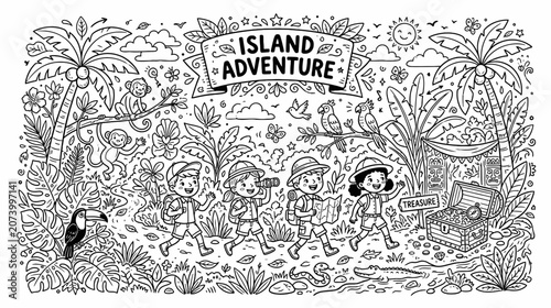 Photography Island Adventure Coloring Page: Jungle Scene with People, Trees, and Hidden Treasure