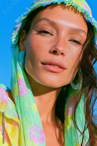 Fashion portrait of a model wearing a floral patterned hat in bright sunlight with fresh styling. Perfect for editorial design, social media, and accessory promotions.
