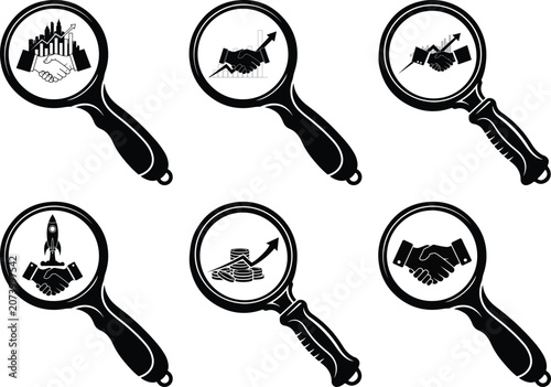 Magnifying glasses showing six different icons of business and finance