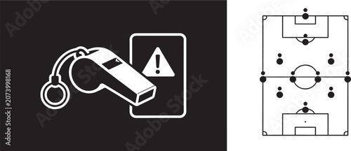 Photos Soccer referee whistle with penalty card icon and football field tactical strate