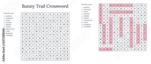 Easter bunny trail word search puzzle with highlighted answers worksheet