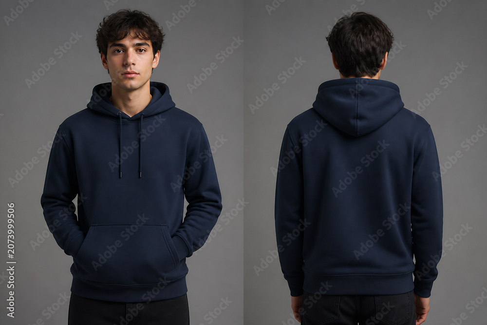 Obraz premium Two views of a young man wearing a dark blue hooded sweatshirt against a plain gray background.