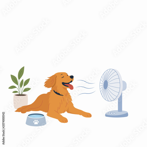 Flat vector illustration of a golden retriever cooling down in front of an electric fan during an extreme summer heatwave. Pet summer safety, heat stress prevention and responsible dog care concept.