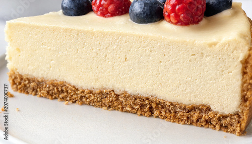 Extreme close up food photography of an ultra-gourmet high protein cheesecake slice with a thick, silky ricotta-and-Greek-yogurt filling and a buttery graham cracker crust