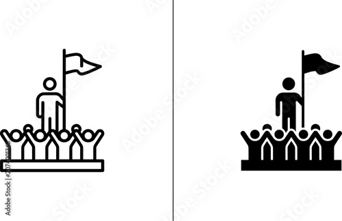 Team leader with flag icon standing on podium leadership business management achievement corporate strategy performance direction motivation