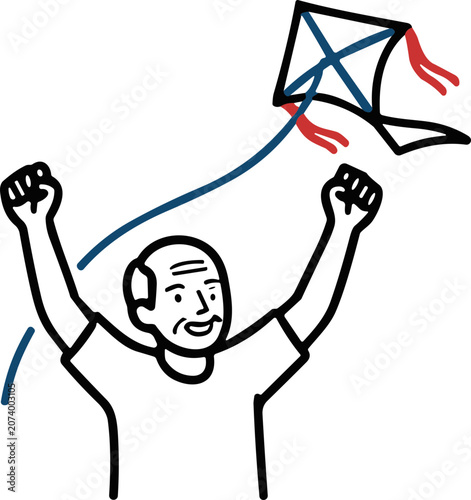 Elderly Man Joyfully Flying a Kite Outdoors