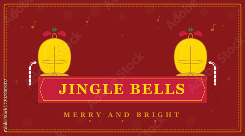Jingle Bells Christmas Ribbon Banner with Golden Bells Candy Canes and Musical Notes — Red Gold Festive Vector Illustration
