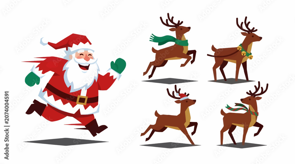 Fototapeta premium Flat Style Santa Claus Running Left with Group of Reindeer, Festive Christmas Holiday Vector Illustration with Copy Space Beside Elements