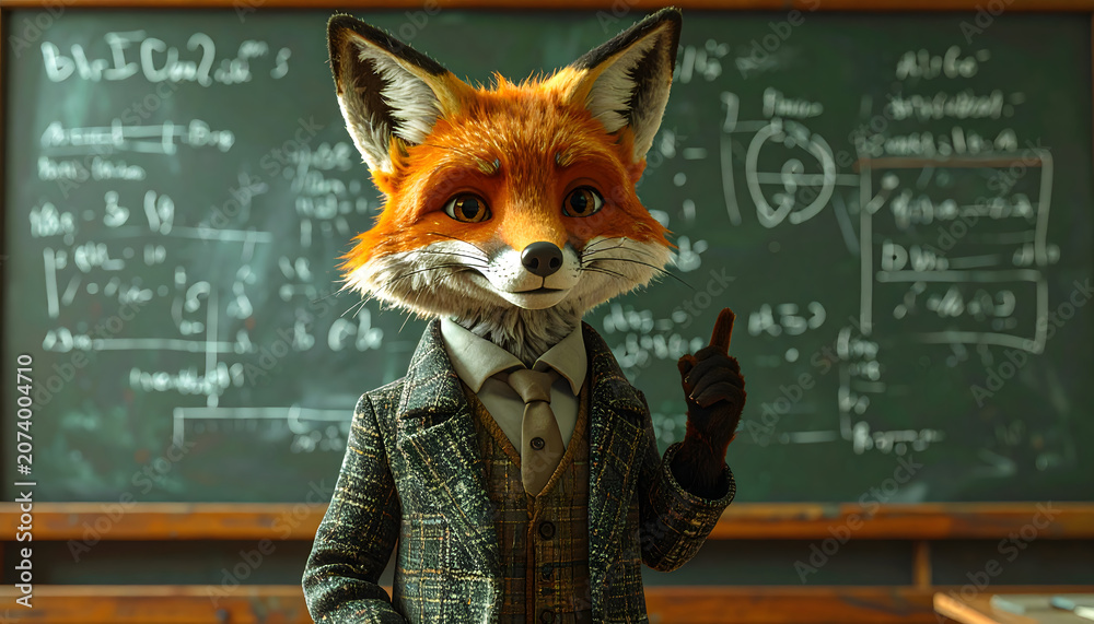 Obraz premium Fox acting as university professor explaining complex equations creates academic intelligent serious humorous professional atmosphere generative AI
