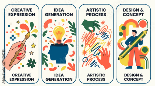 Flat Vector Illustration of Creative Process Sections: Idea Generation, Artistic Expression, and Design Concept with Icons and Abstract Elements, Divided into Four Vertical Panels