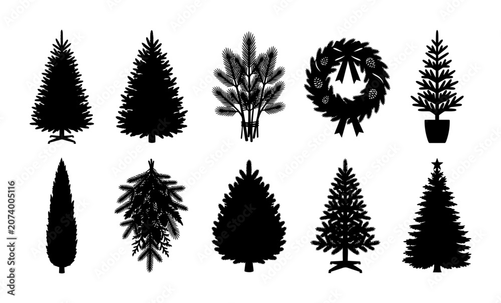 Fototapeta premium Christmas Tree Silhouette Set Featuring Assorted Pine Fir Conifer Shapes And Holiday Decorative Wreaths For Seasonal Winter Celebration Design Graphic