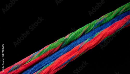 Three ultra-thin strand composed of vibrant red, blue, and green fibres, isolated against a deep black background. Shot in extreme perspective