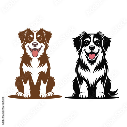 Two happy dogs sitting side by side one brown one black Keywords: dog, puppy, pet, animal