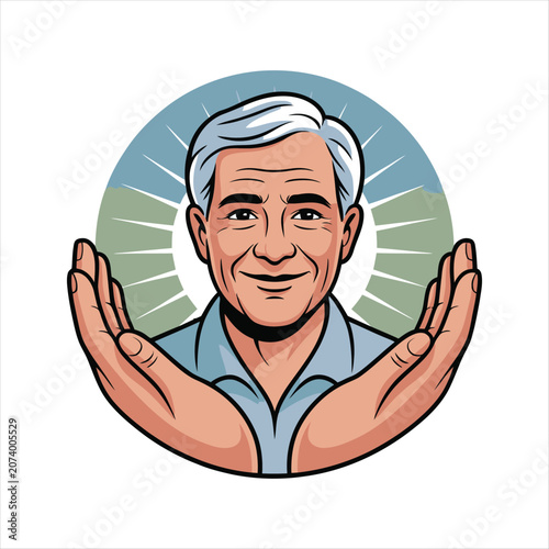 Elderly Man with Open Hands in Protective Gesture senior