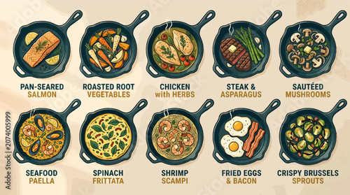Schilderij op canvas Vector Line Art Collection of Diverse Meals in Cast Iron Skillets: Salmon, Vegetables, Chicken, Steak, Mushrooms, Paella, Frittata, Shrimp Scampi, Eggs & Bacon, Brussels Sprouts, Top View