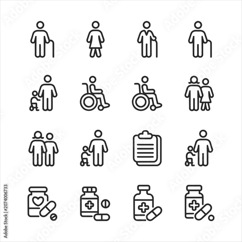 Healthcare and elderly care icons with medical symbols