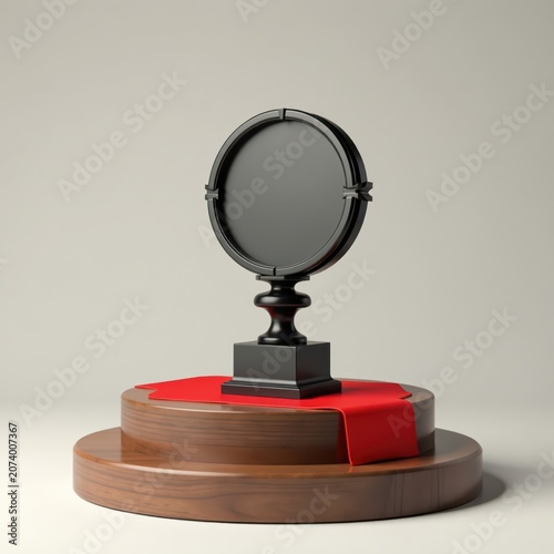 A single black award medal placed on a wooden pedestal with a red carpet under it, award, prestige