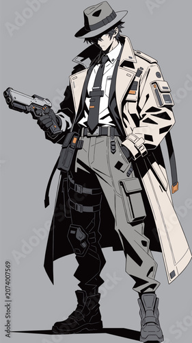 Anime Style Detective Character with Gun Illustration
