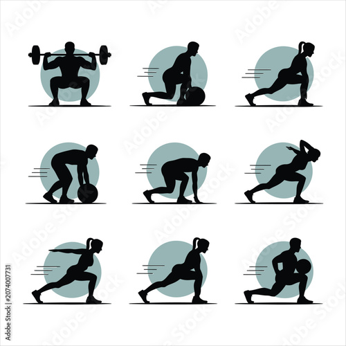 Dynamic fitness icons showing exercises with barbells and kettlebells Keywords: fitness