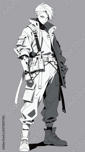 Anime Style Character with Cybernetic Arm and Techwear Outfit